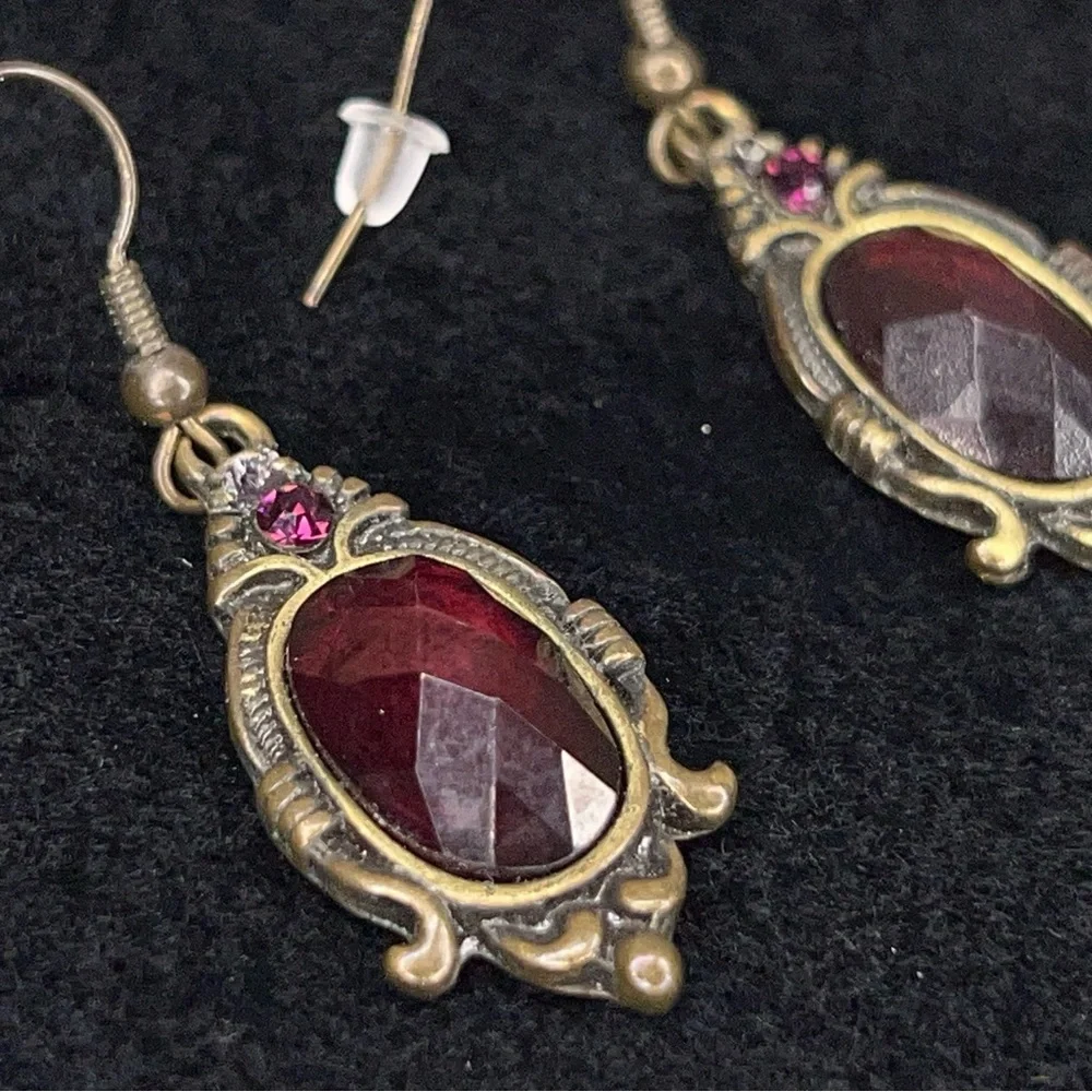Victorian Style Dangle Earrings Bronze Look Deep Red Burgundy Boho Bohemian
